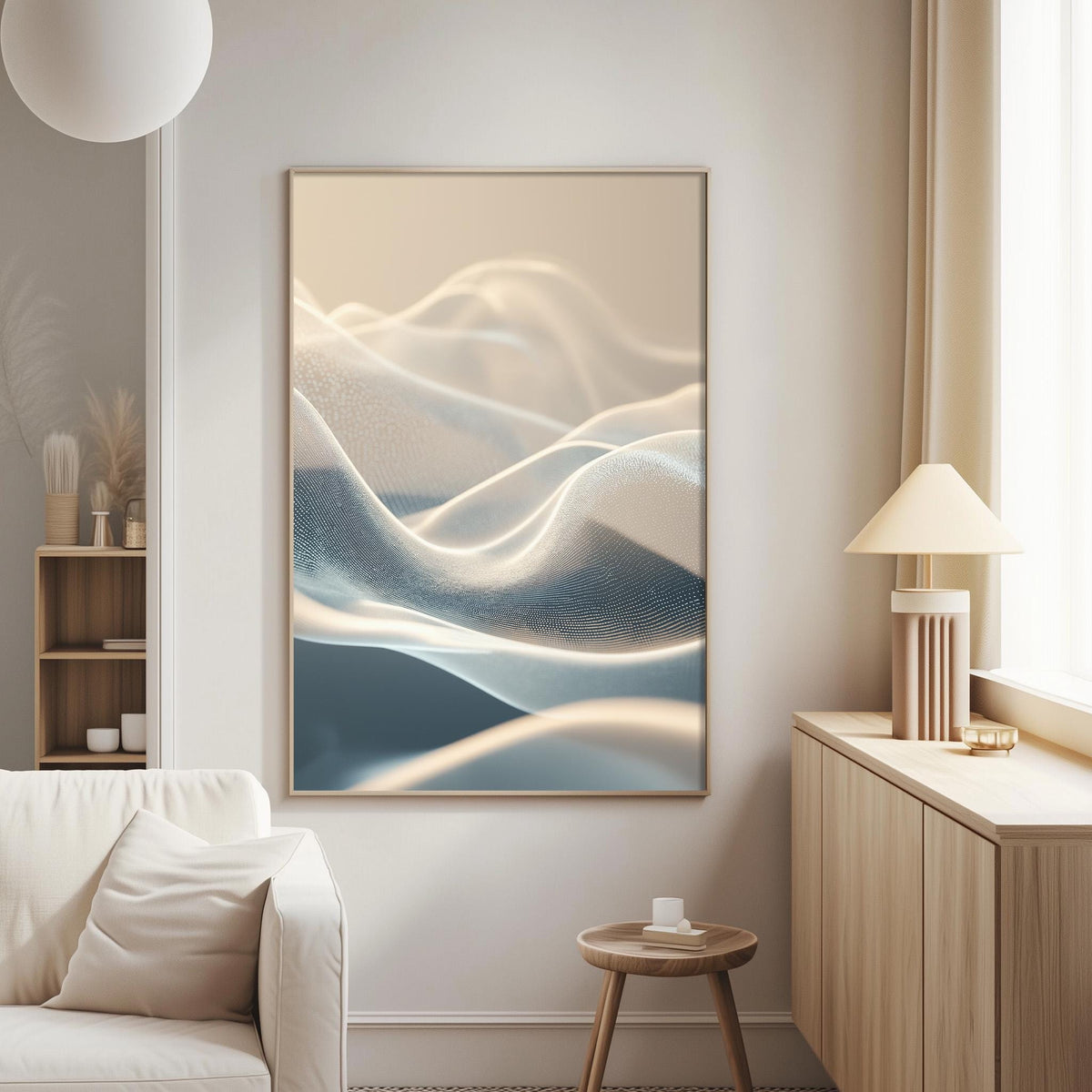 a living room with a large abstract painting hanging on the wall, a white sofa, a wooden side table, and a lamp on a wooden cabinet.
