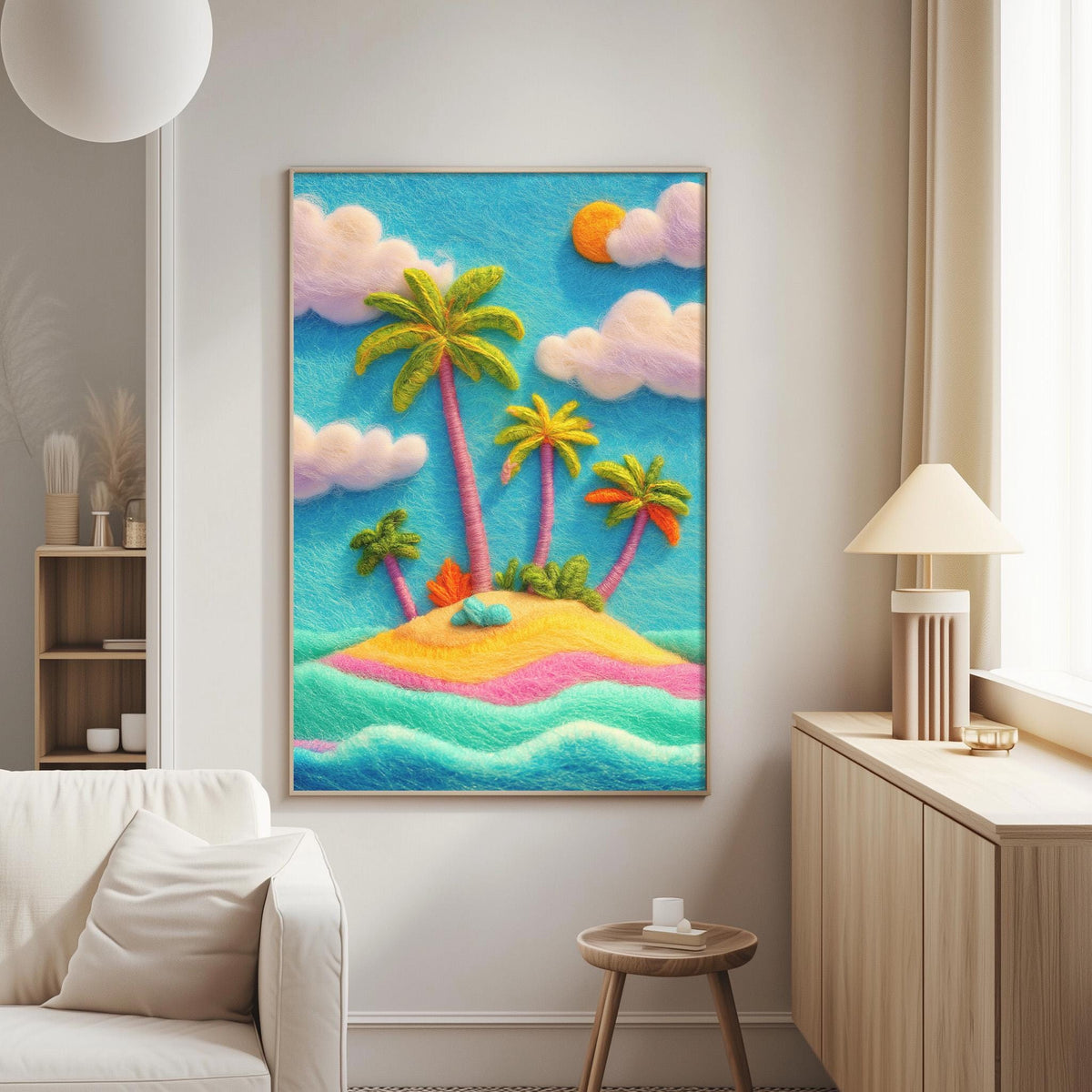 a vibrant, colorful painting of a tropical island scene, with palm trees, a sandy beach, and a clear blue sky with fluffy white clouds.
