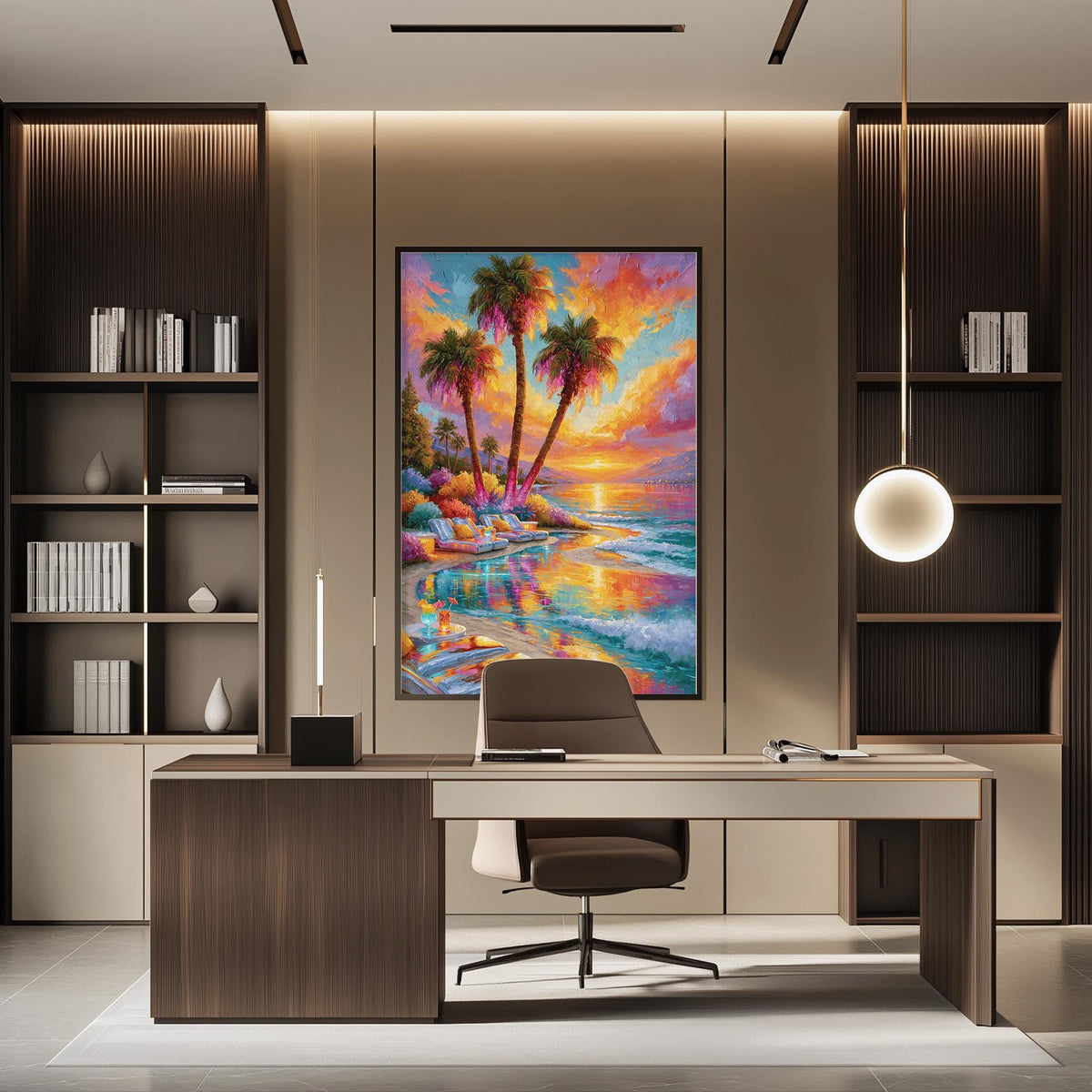 a modern office space with a large painting of a tropical beach scene hanging on the wall. The painting depicts palm trees, a sunset, and a body of water, creating a serene and relaxing atmosphere. The office has a wooden desk and chair, as well as built-in bookshelves and a pendant light, contributing to a stylish and functional workspace.