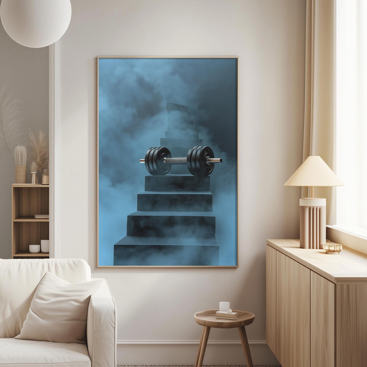 a living room with a large framed artwork depicting a dumbbell on a set of stairs, creating a surreal and artistic scene.