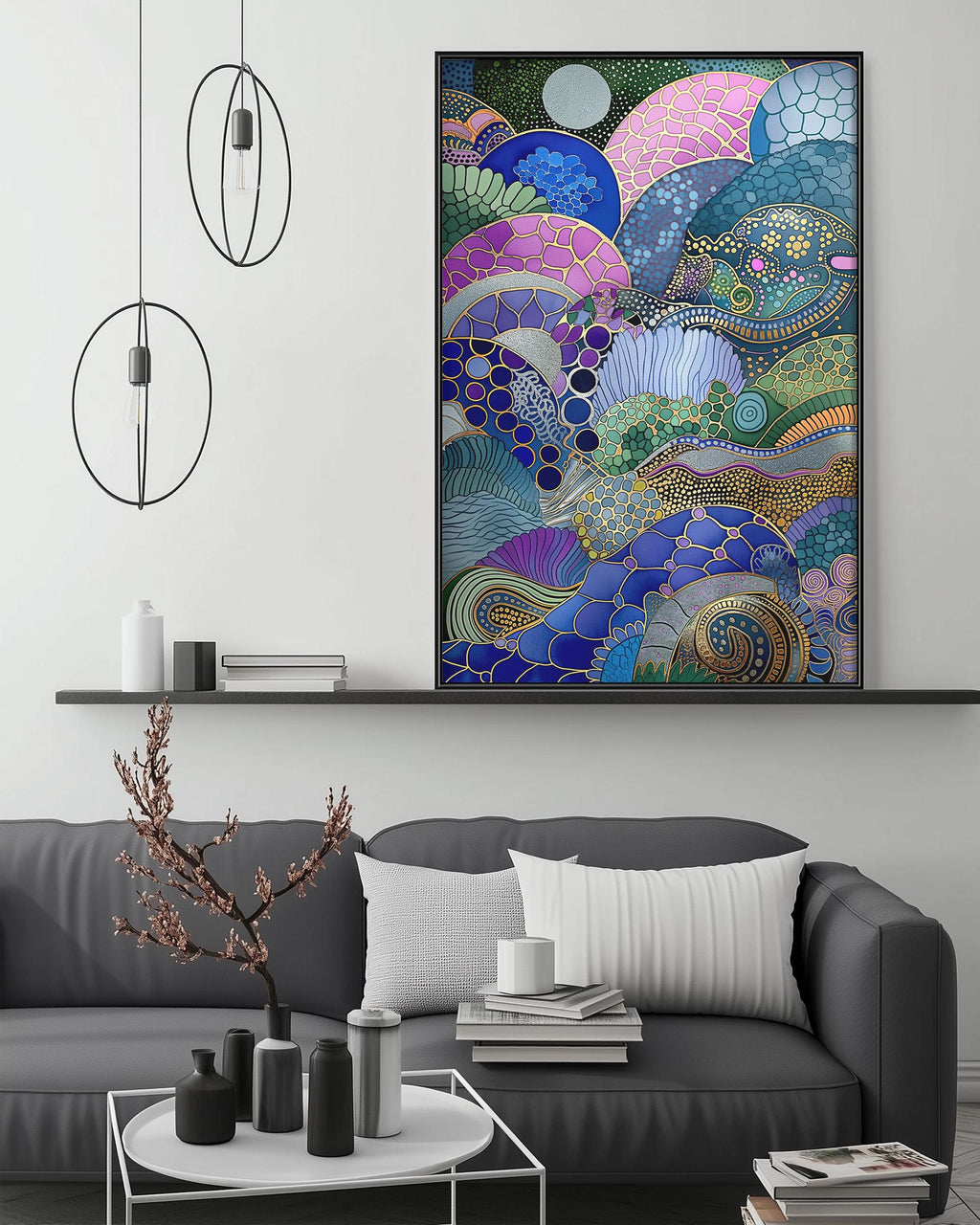 a modern living room with a gray sofa, a coffee table, and a large abstract painting hanging on the wall above the sofa.
