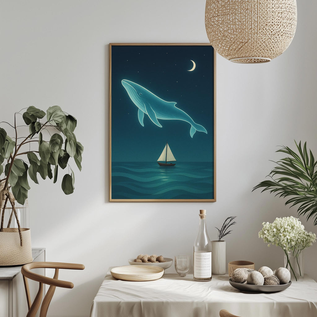 a serene indoor setting with a framed painting of a whale gracefully swimming in the ocean, a sailboat on the water, and a moonlit night sky. The painting is hung on a wall above a dining table, which is adorned with various decorative items such as potted plants, vases, and a bowl. The overall atmosphere of the scene is calm and peaceful, with the whale and sailboat evoking a sense of tranquility and harmony with nature.
