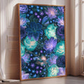 A large framed poster with a vibrant floral pattern in shades of blue, purple, and green, displayed on a wall near a window.