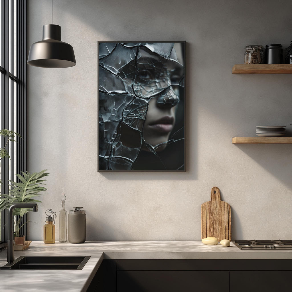 a modern kitchen with a large framed artwork of a cracked face hanging on the wall above a wooden cutting board and other kitchen items.