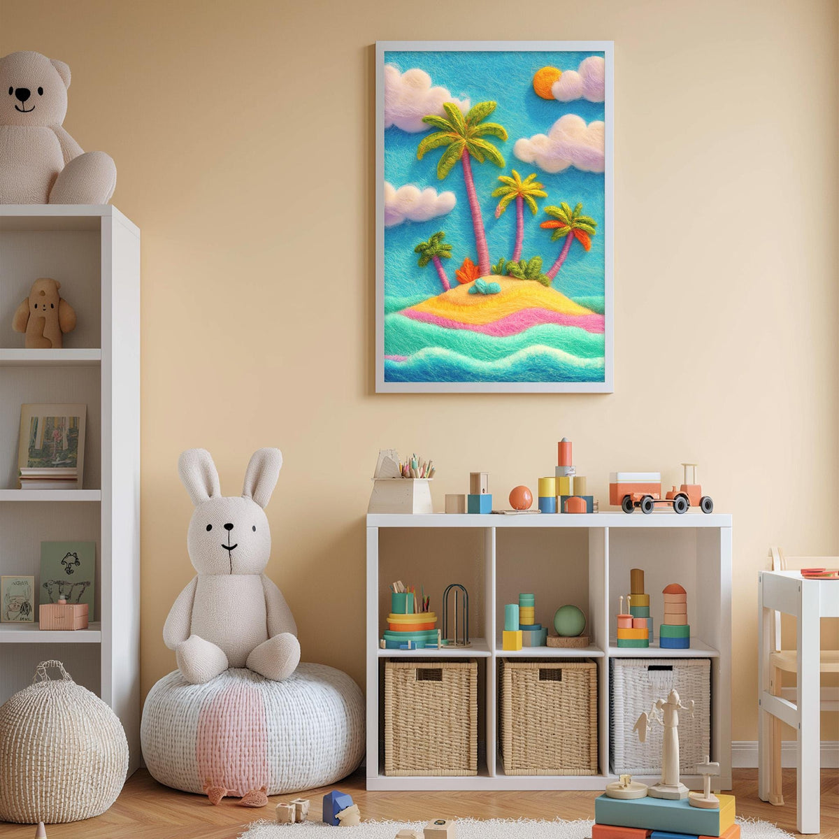 A child's bedroom with a large stuffed rabbit, a toy shelf with various toys, and a framed painting of a tropical island with palm trees.
