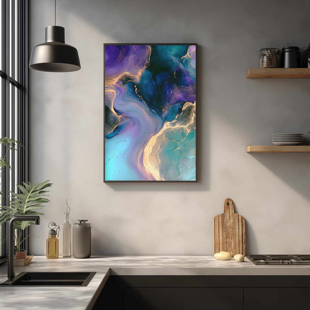 a modern kitchen with a large abstract painting hanging on the wall above a wooden cutting board and other kitchen items.