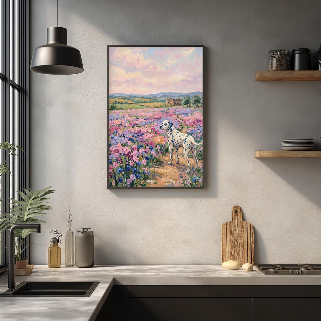 a framed painting of a Dalmatian dog standing in a field of colorful flowers, with a wooden cutting board and other kitchen items visible below the painting on a kitchen counter.