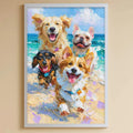 A child's bedroom with a large painting of four dogs on the wall, a stuffed rabbit, a toy shelf, and a toy chest filled with various toys.