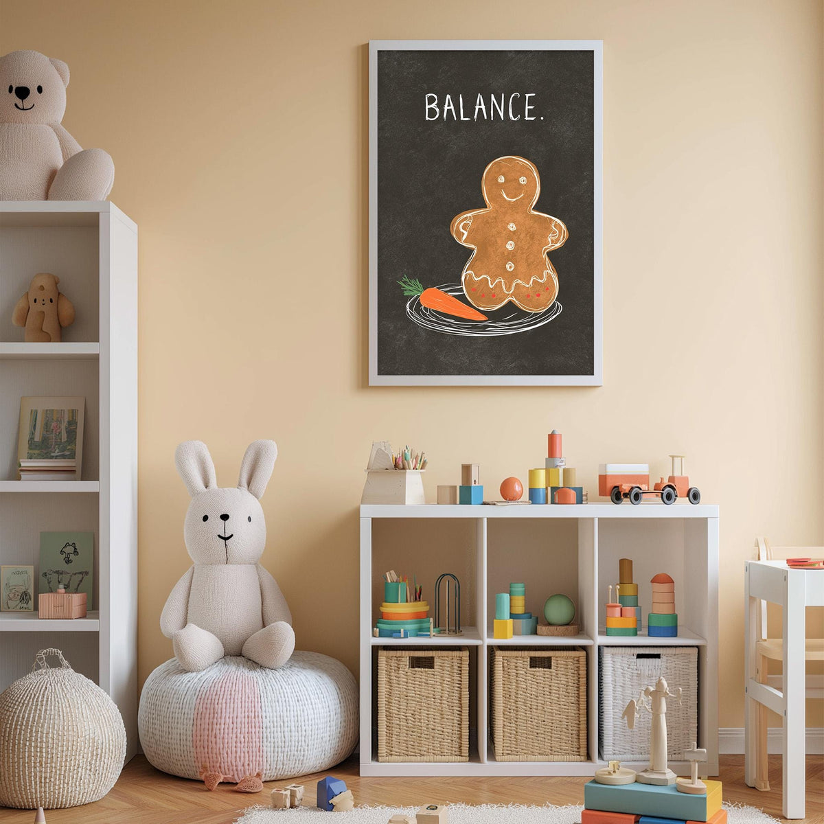 A cozy children's room with a white bookshelf, a plush rabbit, and a colorful toy box filled with toys. Above the bookshelf, there is a framed poster with a gingerbread man and the word "BALANCE" written on it.