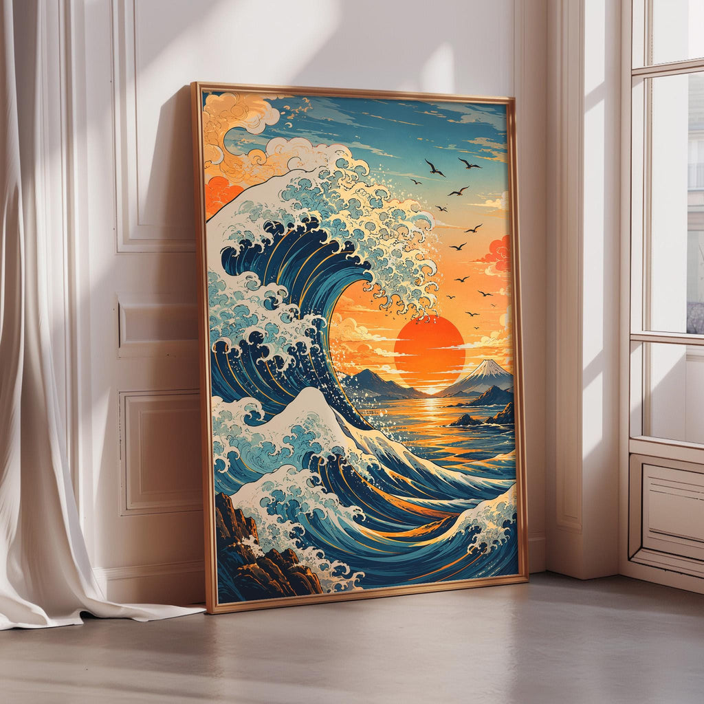 A large framed painting depicting a vibrant sunset over a crashing wave, with birds flying in the sky.