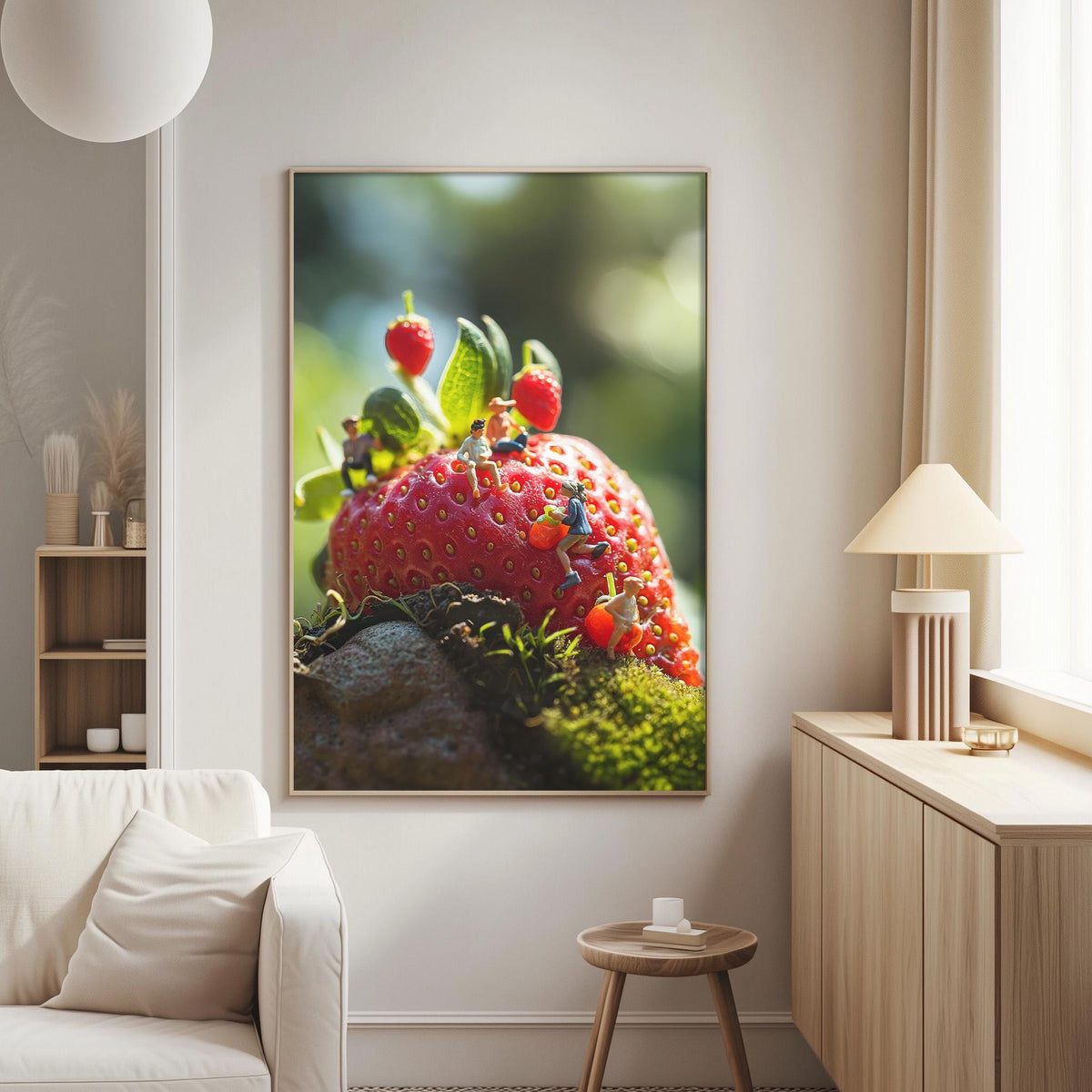 a large framed picture of a strawberry hanging on a wall in a living room.