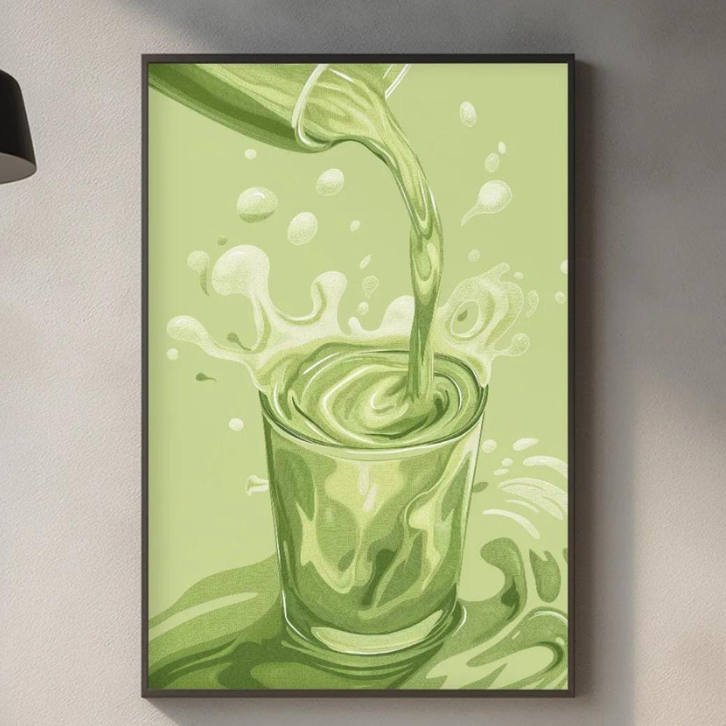 a kitchen counter with various items, including a framed illustration of a green liquid pouring into a glass, a wooden cutting board, and a potted plant.