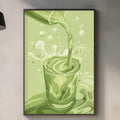 a kitchen counter with various items, including a framed illustration of a green liquid pouring into a glass, a wooden cutting board, and a potted plant.