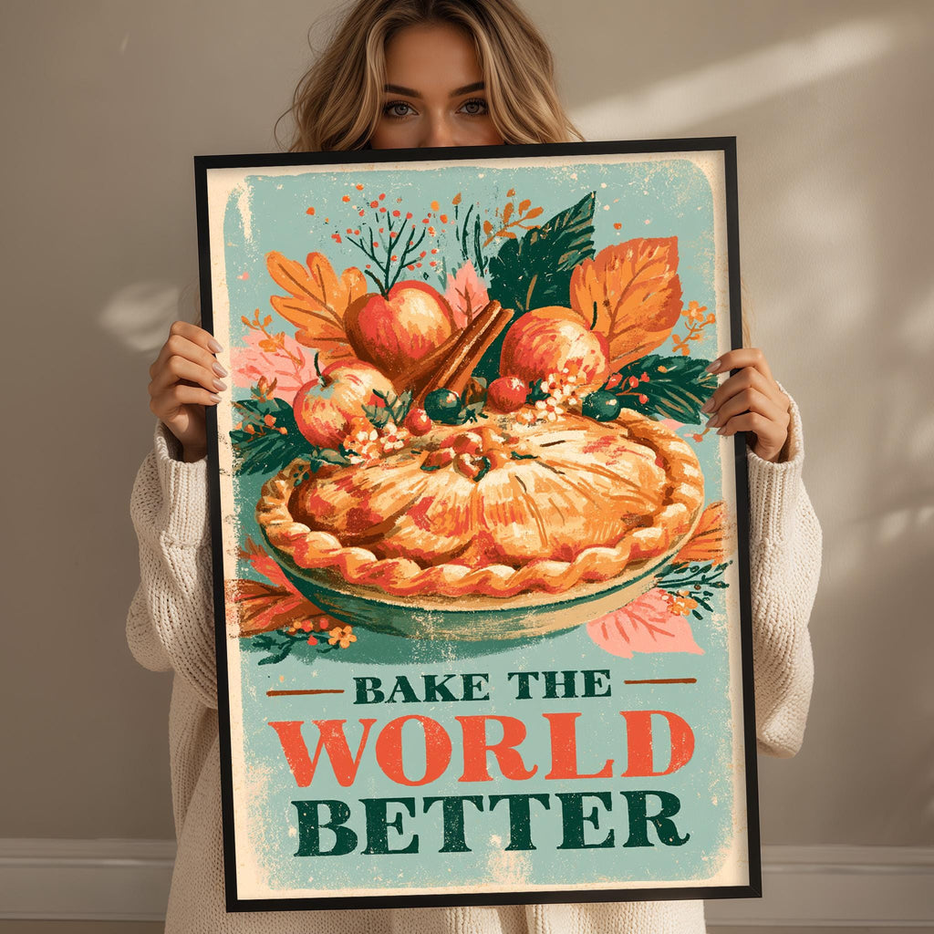 A woman holding a framed poster with a pie and autumn leaves on it, with the text "Bake the World Better" written on the poster.