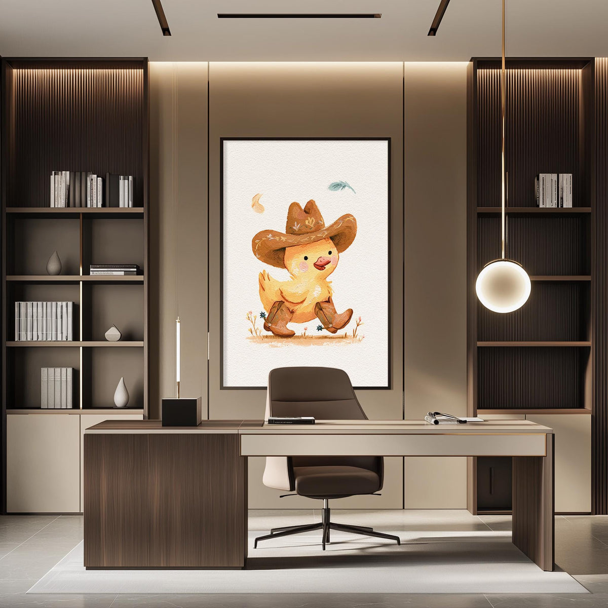 a modern office space with a large framed illustration of a cartoon chicken wearing a cowboy hat on the wall. The office has a wooden desk, a chair, and a bookshelf filled with books.