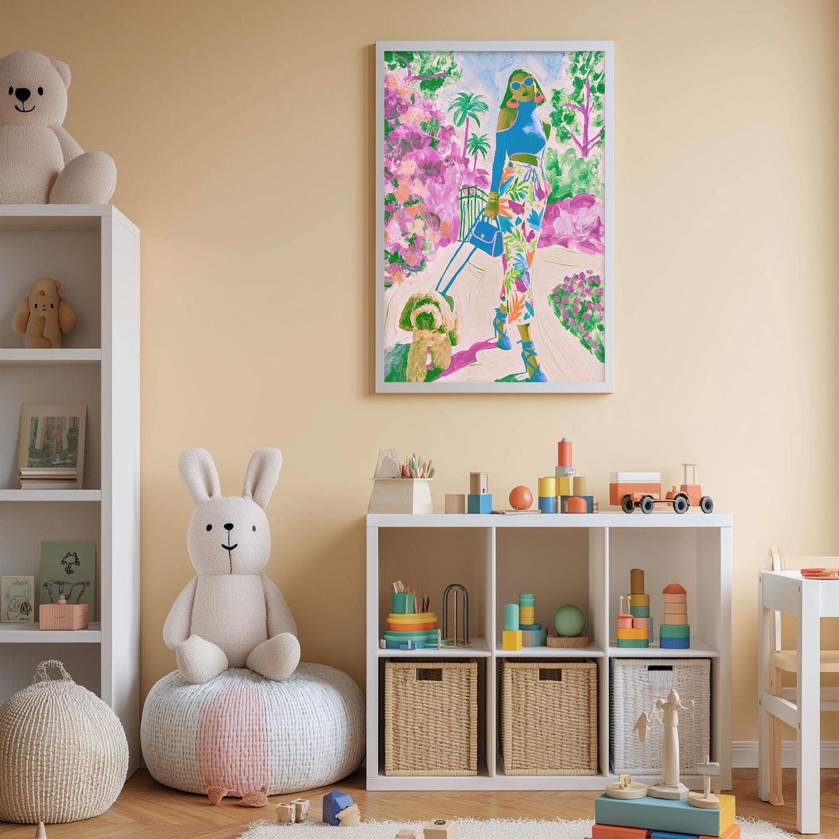 A child's bedroom with a large painting of a woman in a colorful dress hanging on the wall, a white bookshelf filled with toys, and a white bean bag chair.