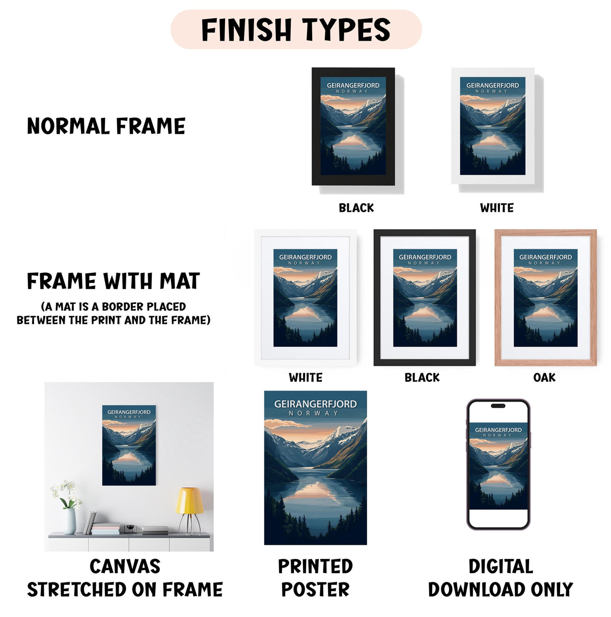 various finish types for a poster, including a normal frame, a black frame, a white frame, a black frame, an oak frame, a white frame, a black frame, and a digital download only. The poster is a canvas stretched on a frame, and it features a mountain landscape with a lake.