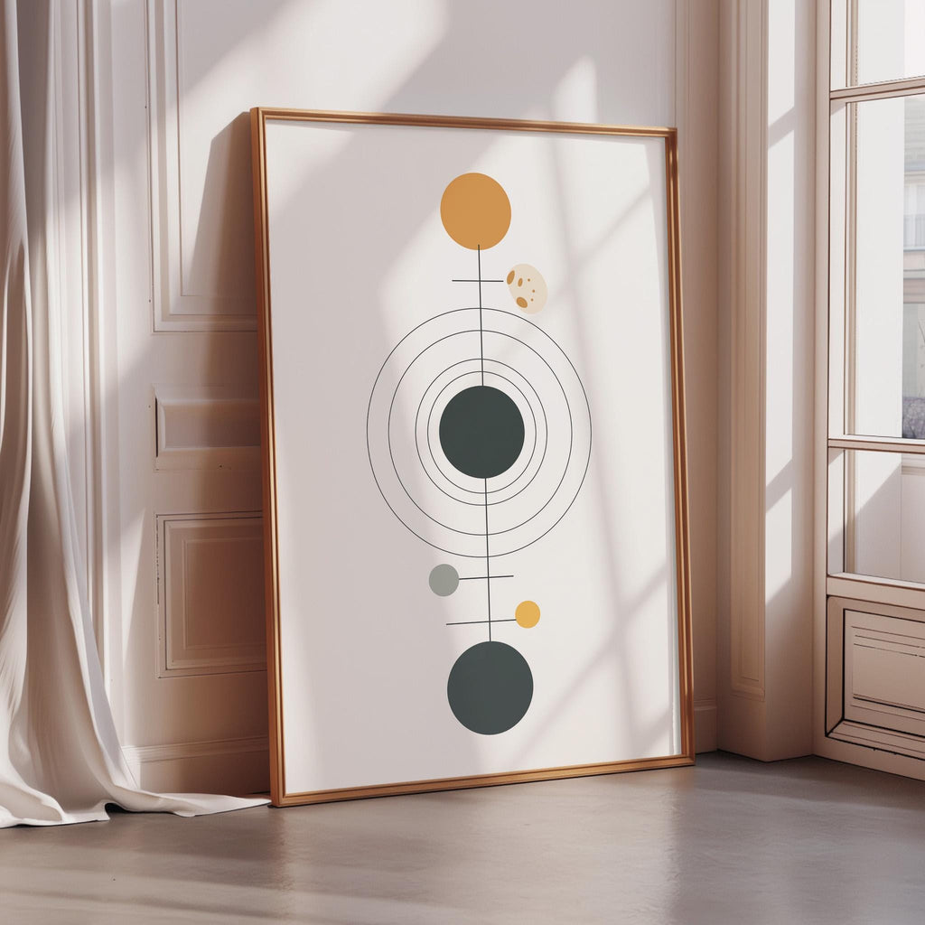 a large abstract art piece with a minimalist design, displayed in a wooden frame on a white wall.