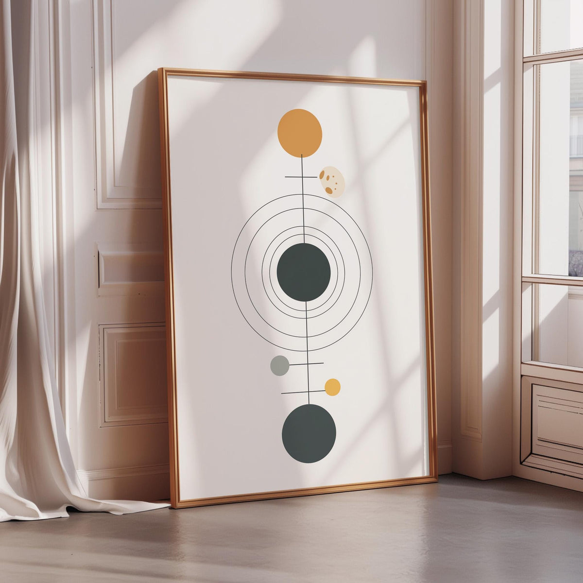 a large abstract art piece with a minimalist design, displayed in a wooden frame on a white wall.