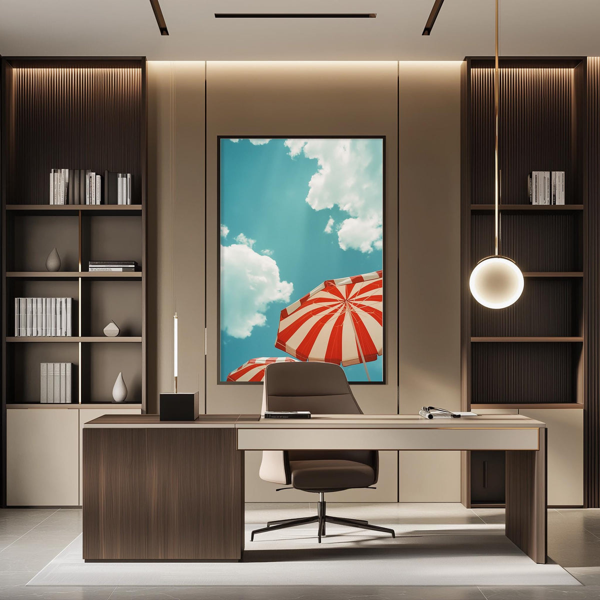 a modern office space with a large window, a desk with a chair, and a framed artwork of an umbrella and a blue sky with clouds hanging on the wall.