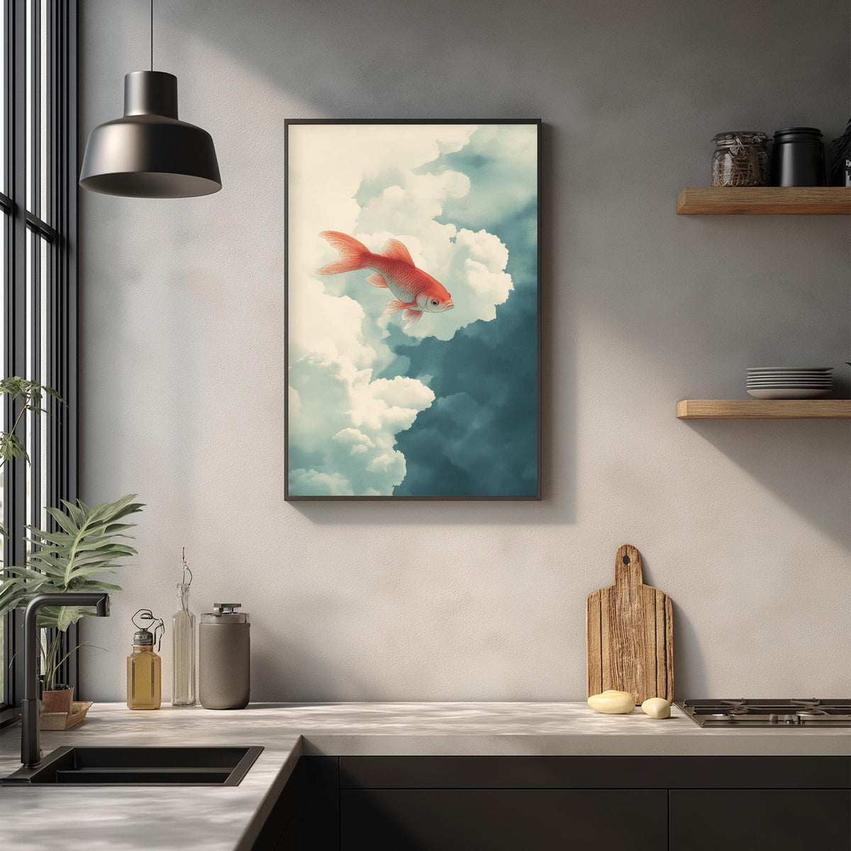 a kitchen counter with a framed painting of a red fish swimming in the clouds hanging above it. The painting is framed in black and is placed on a white wall. The kitchen counter has various items on it, including a cutting board, a bottle, and a vase.