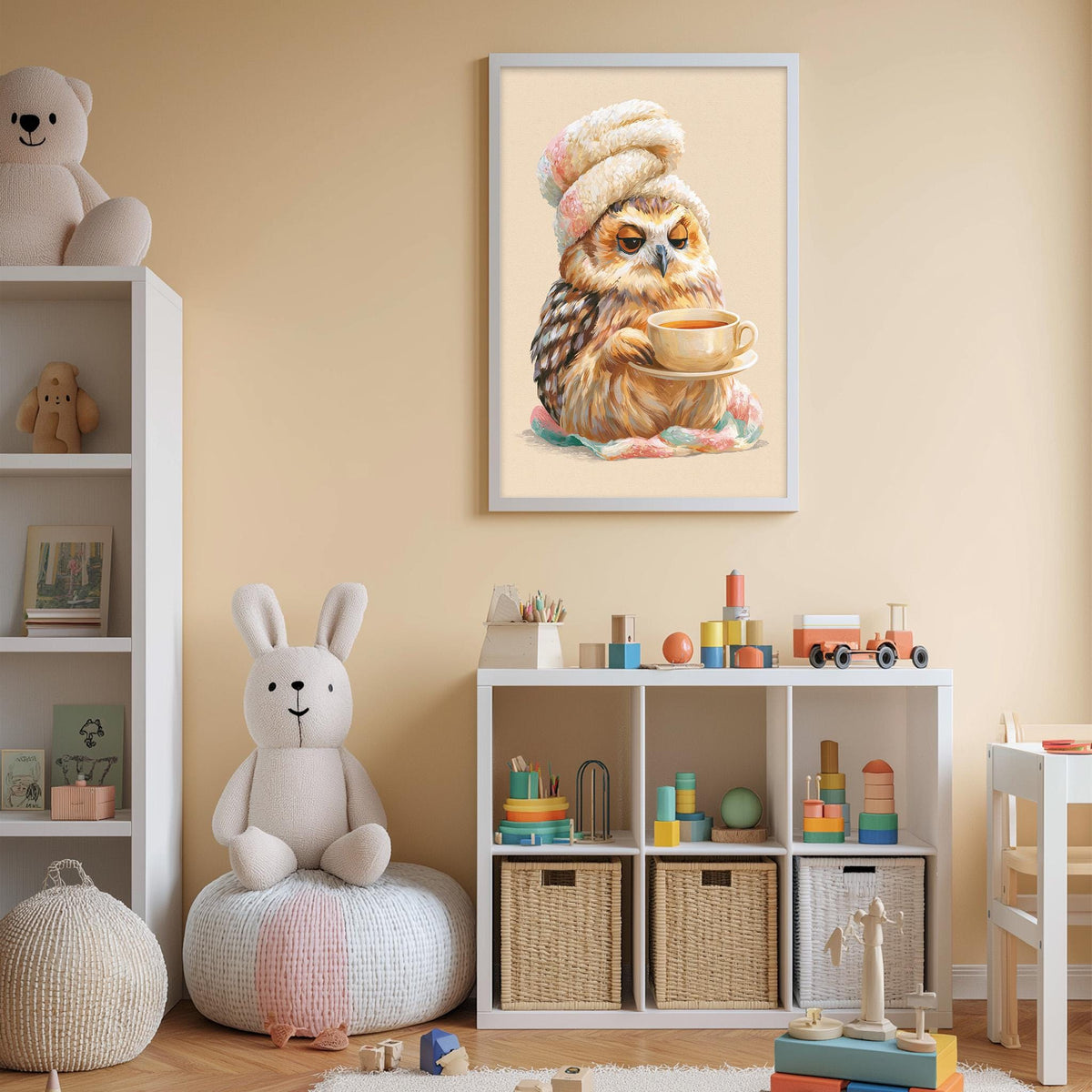 A cozy children's room with a white bookshelf, a stuffed rabbit, and a framed picture of an owl wearing a hat and holding a cup.