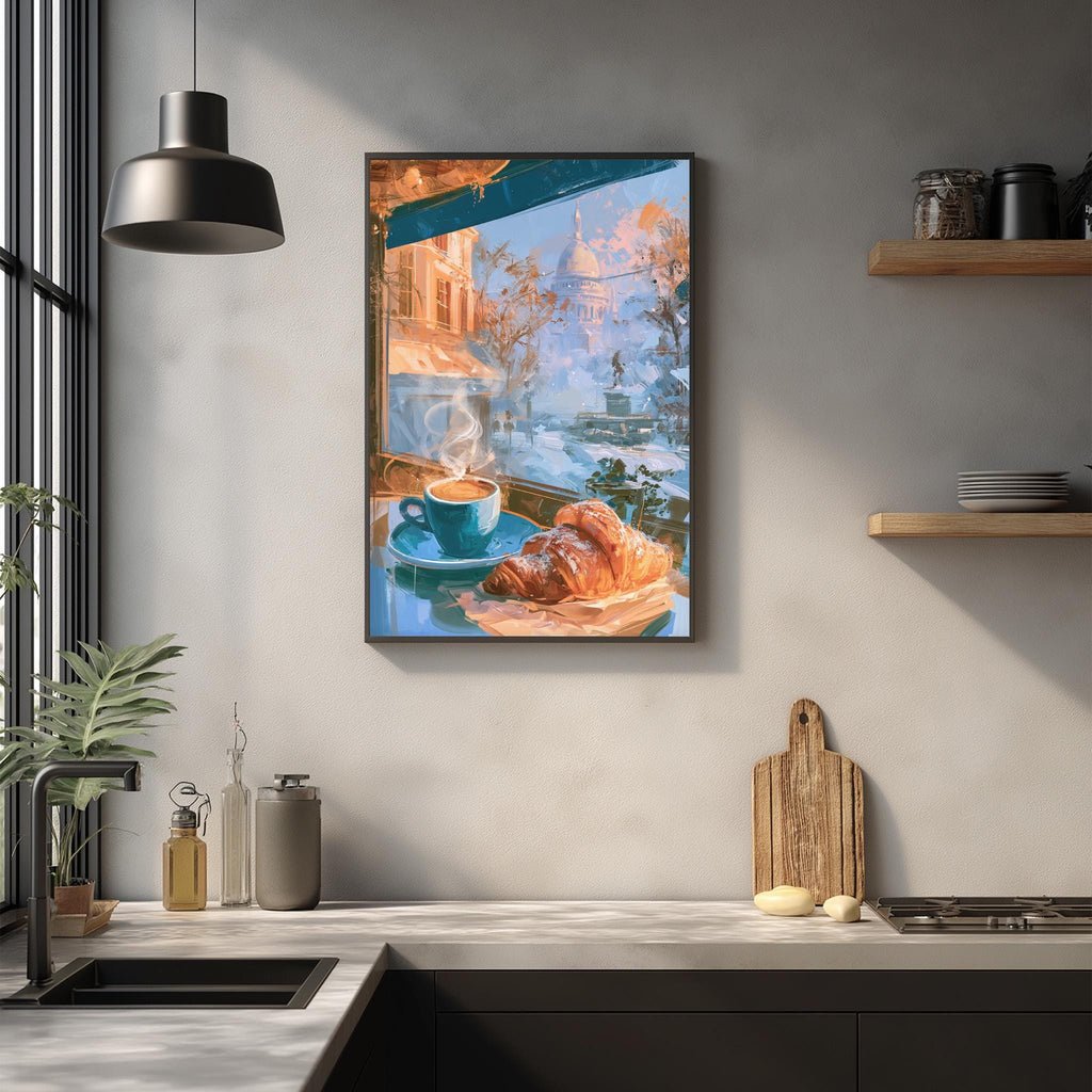 a kitchen scene with a framed painting of a cup of coffee and a pastry on the wall, a wooden cutting board, and various kitchen items on the countertop.