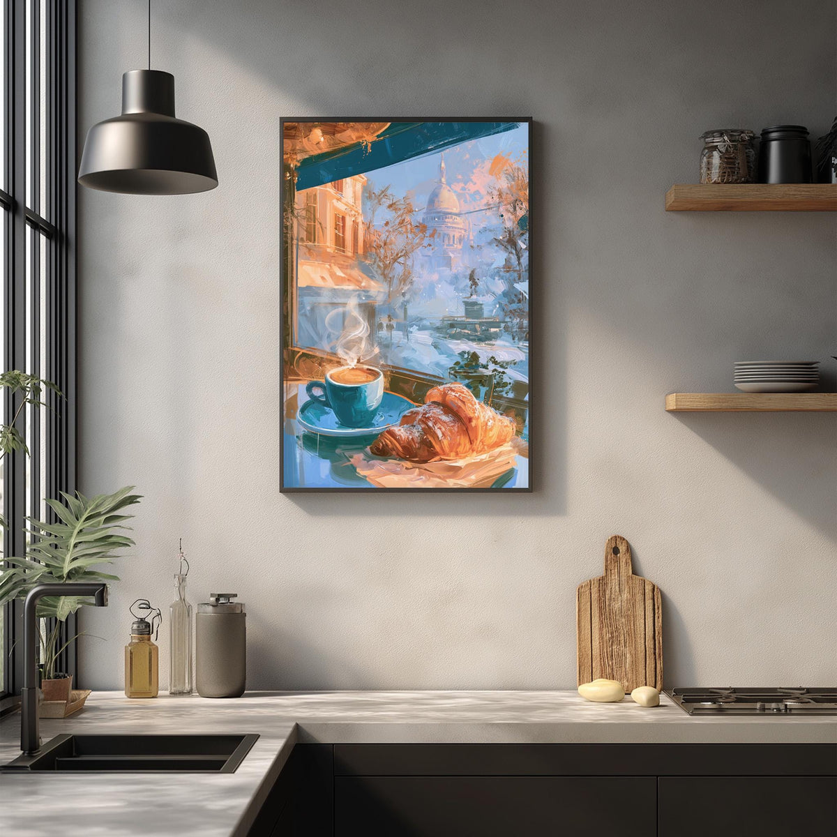 a kitchen scene with a framed painting of a cup of coffee and a pastry on the wall, a wooden cutting board, and various kitchen items on the countertop.