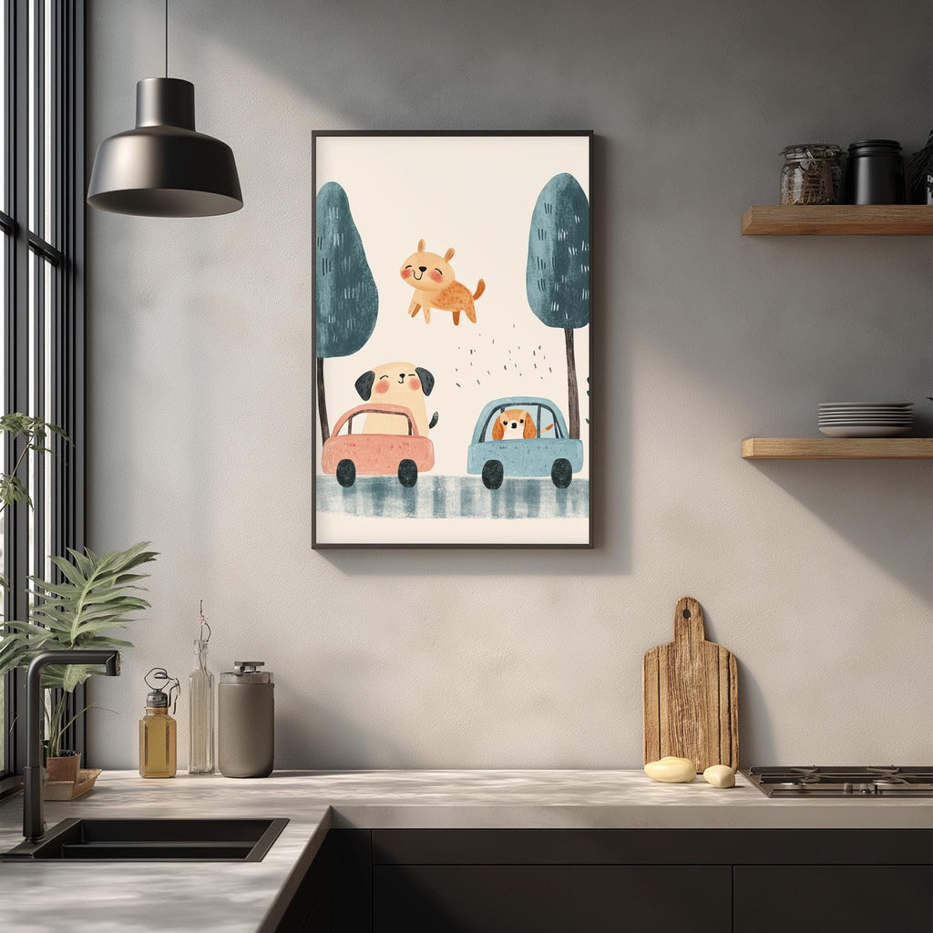 a kitchen counter with various items on it, including a framed illustration of a dog and a car, a wooden cutting board, and some decorative objects.