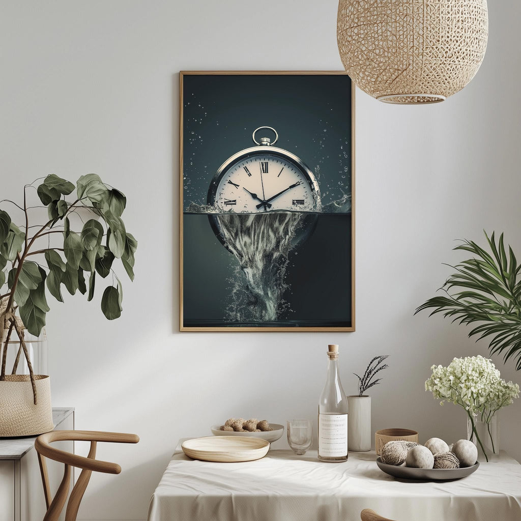 a dining table with a bowl of fruit, a bottle, and a vase, along with a framed picture of a clock hanging on the wall above the table.