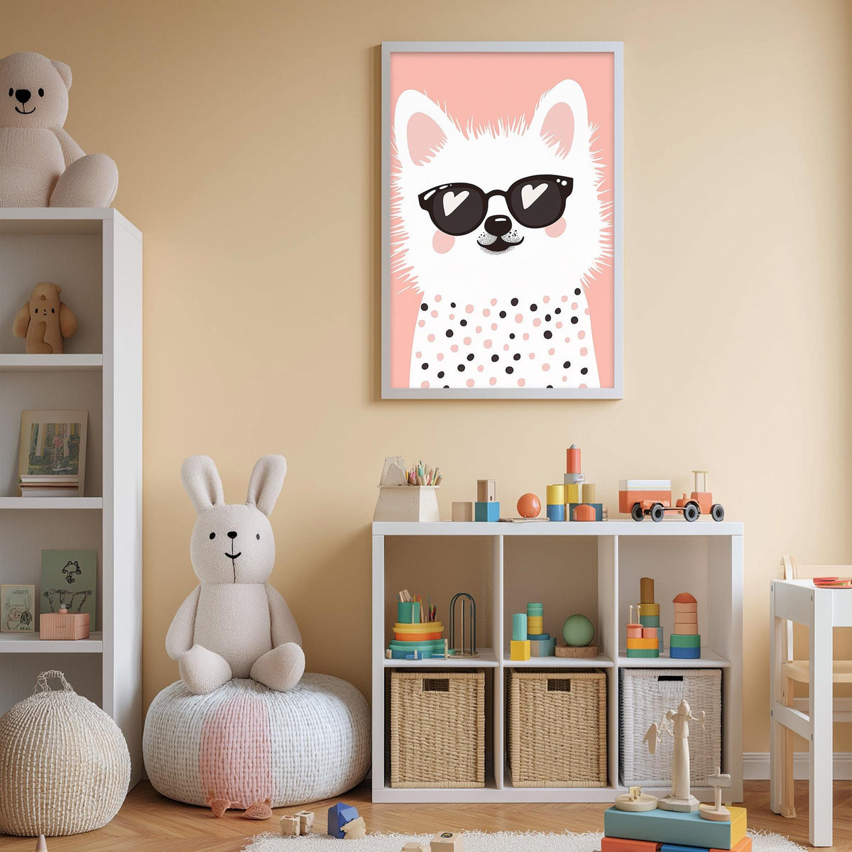 A child's bedroom with a white rabbit, a stuffed animal, and a shelf with toys and storage bins. A framed picture of a cat wearing sunglasses is hanging on the wall above the shelf.