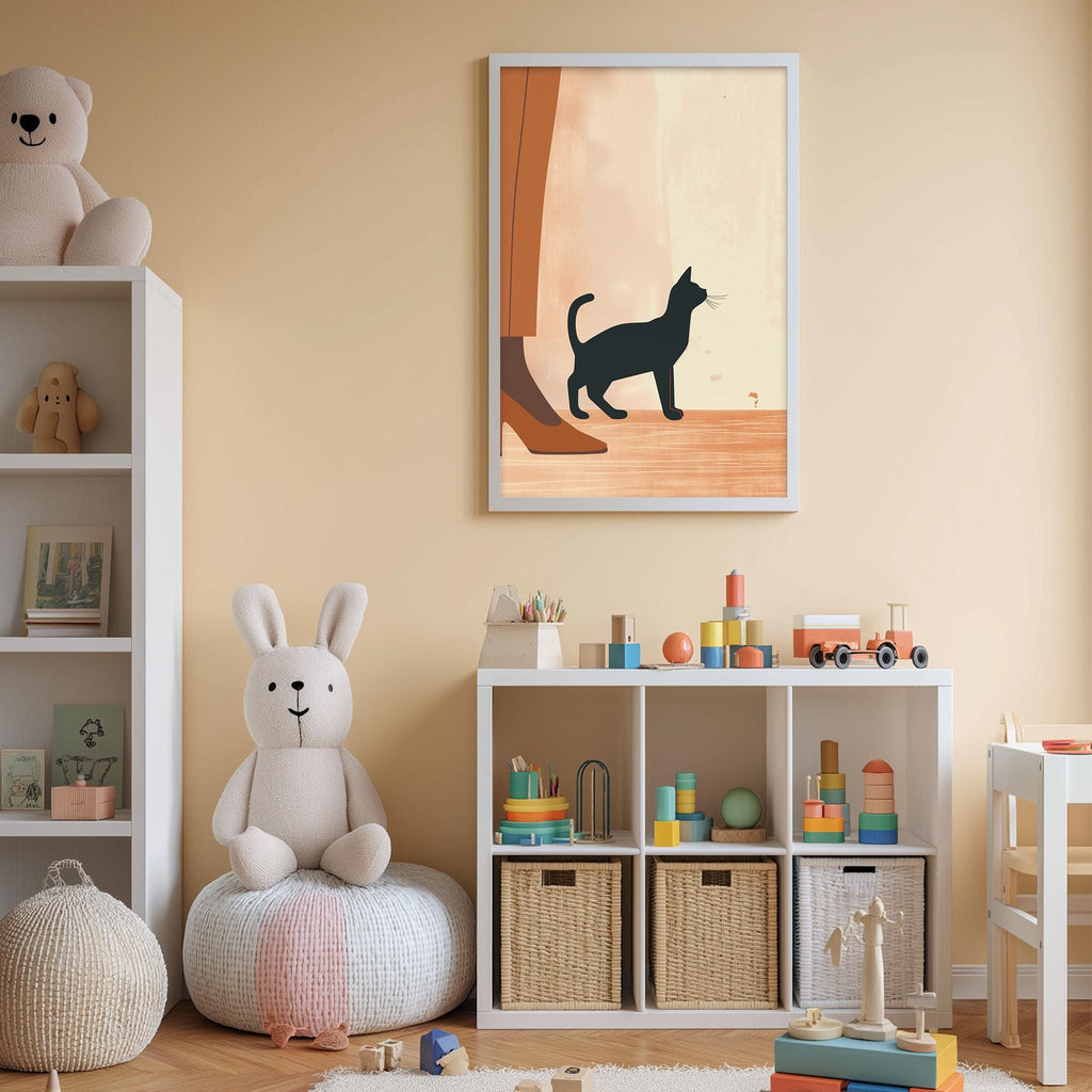 A cozy children's room with a white bookshelf, a plush rabbit, a toy train, and a framed picture of a cat.