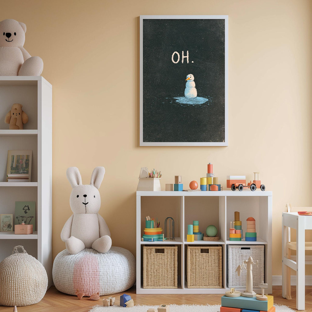 A cozy children's room with a white bookshelf, a plush rabbit, and a toy train. The room has a warm, inviting atmosphere with a black and white chalkboard-style poster on the wall.