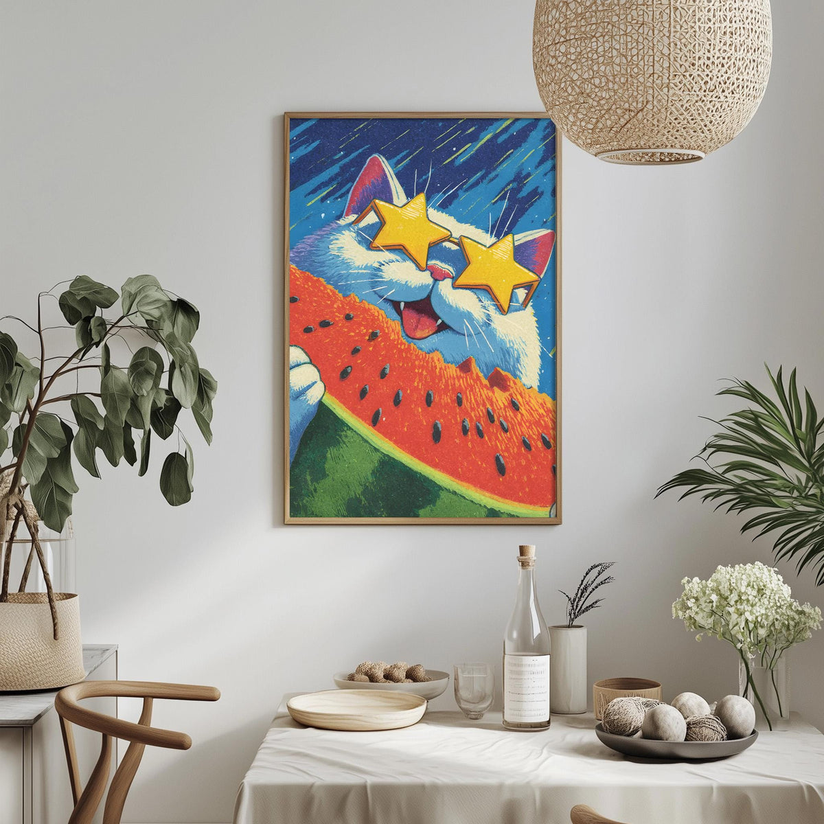 a vibrant and whimsical painting of a cat wearing sunglasses and holding a watermelon, hanging on a wall above a dining table with various decorative items and plants.