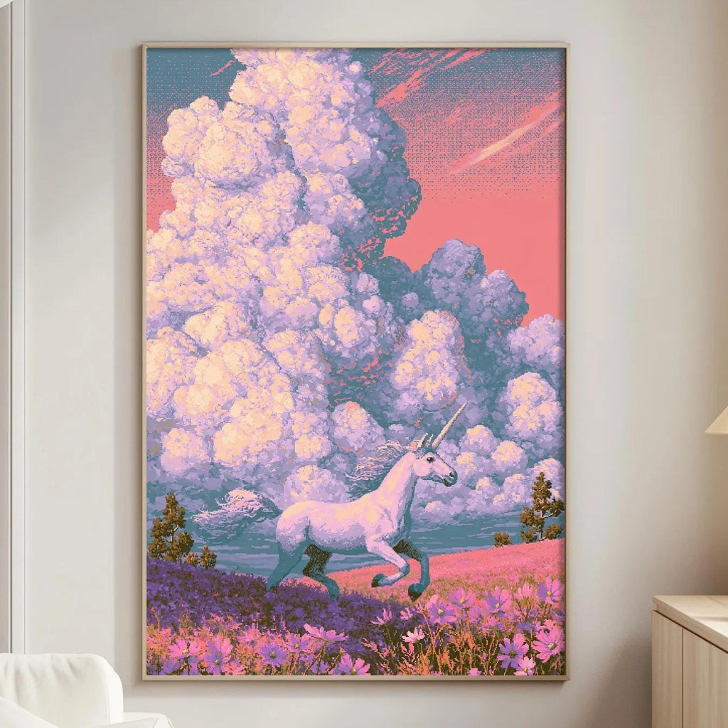 a large, colorful painting of a unicorn in a field of flowers, with a pink and blue sky in the background.