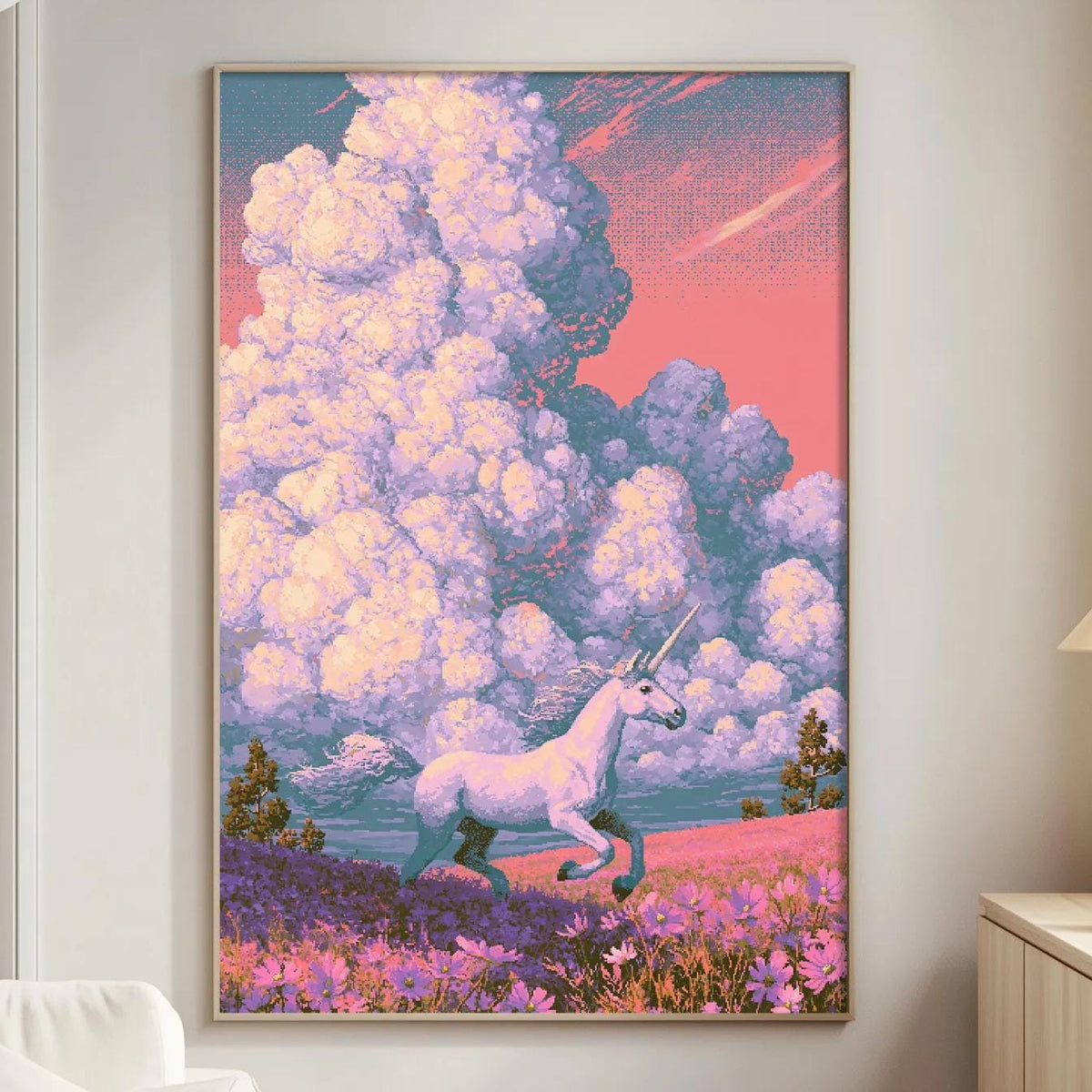 a large, colorful painting of a unicorn in a field of flowers, with a pink and blue sky in the background.