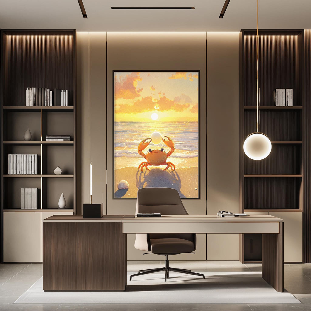 a modern office space with a large framed painting of a crab on the wall, a wooden desk with a chair, and built-in bookshelves.