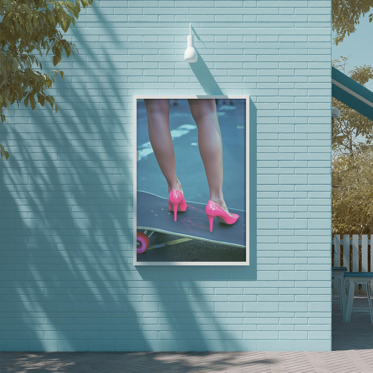 A framed image of a person's feet wearing pink high heels, mounted on a blue brick wall.