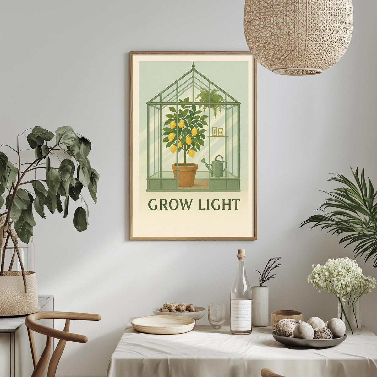 a framed poster with a green greenhouse and a plant, hanging on a wall above a table with various items on it.