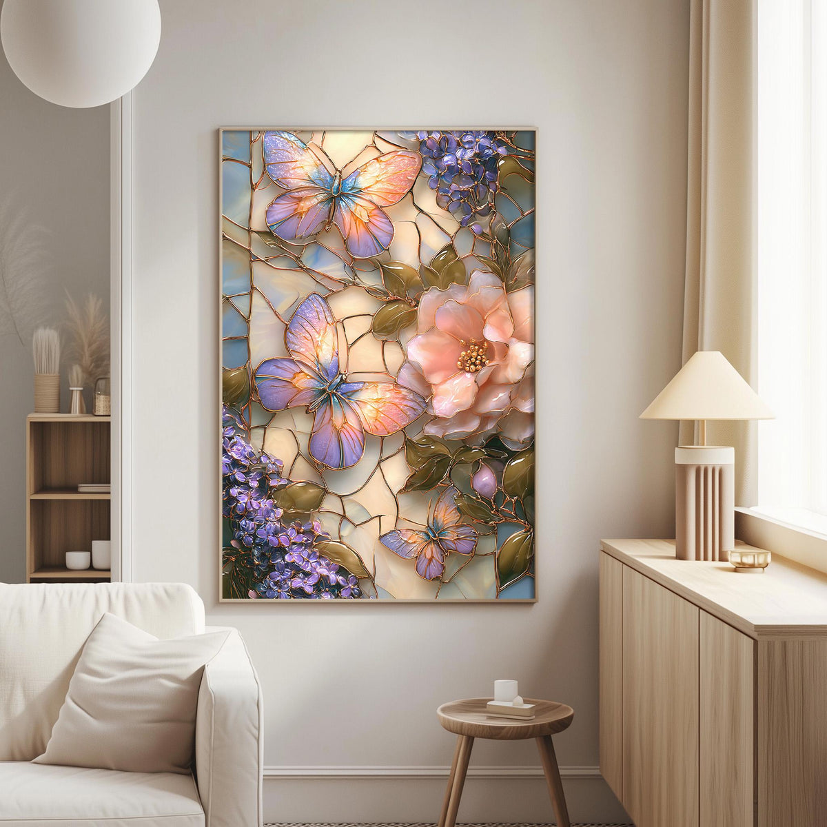 a large, colorful painting of butterflies and flowers hanging on a wall in a living room.