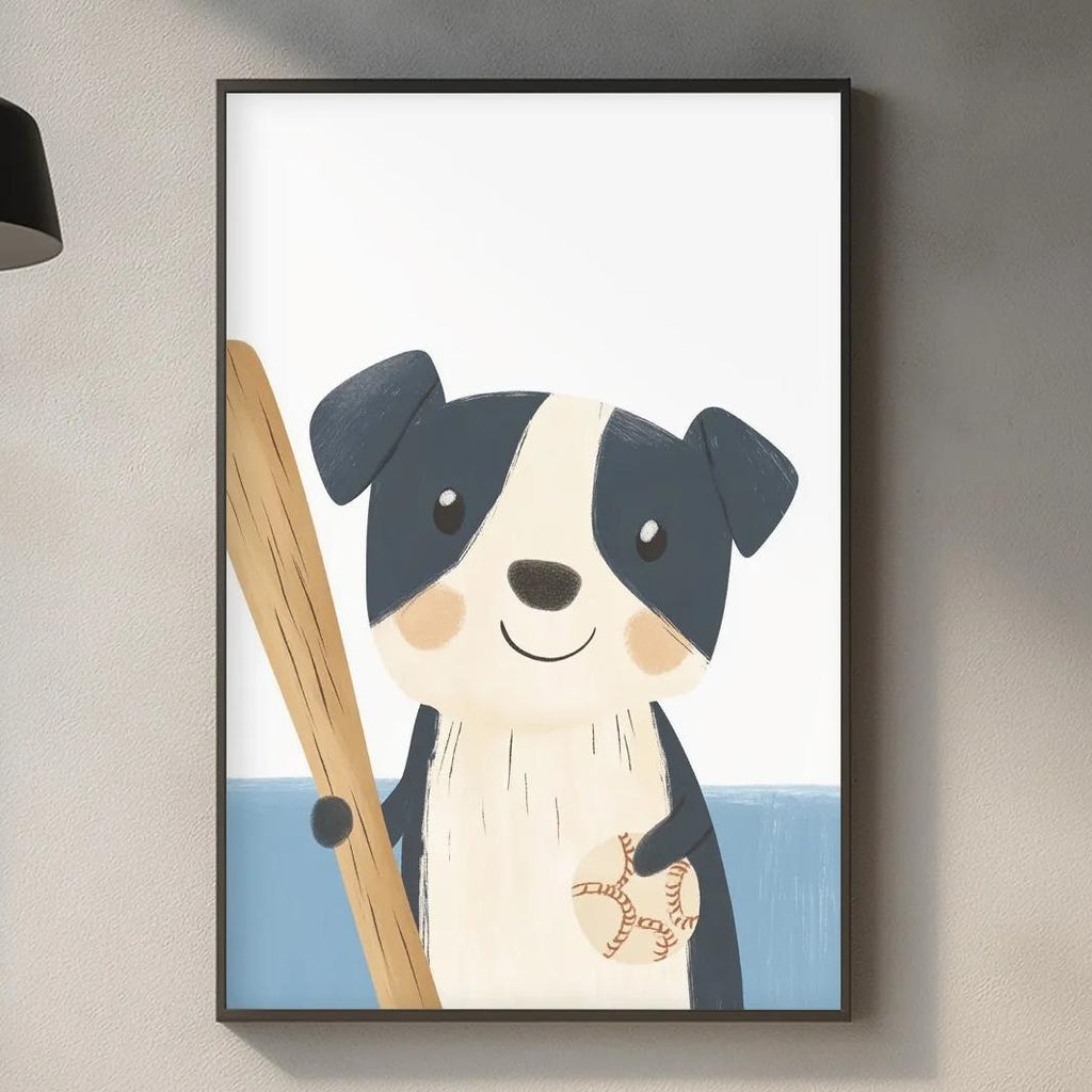 a kitchen counter with various items such as a cutting board, a bottle, and a plant. Above the counter, there is a framed picture of a dog holding a baseball bat.