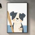 a kitchen counter with various items such as a cutting board, a bottle, and a plant. Above the counter, there is a framed picture of a dog holding a baseball bat.