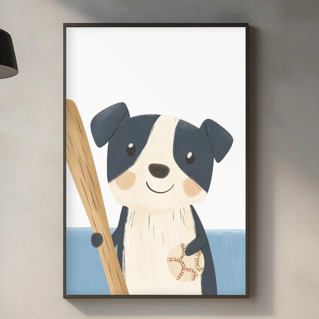 a kitchen counter with various items such as a cutting board, a bottle, and a plant. Above the counter, there is a framed picture of a dog holding a baseball bat.