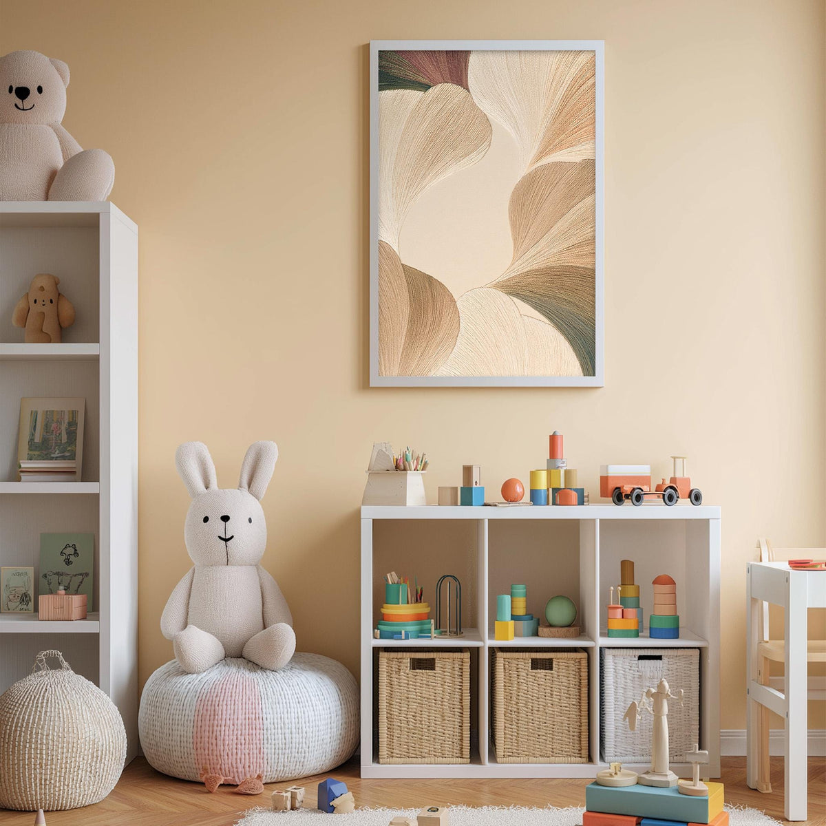 A cozy and well-organized children's playroom with a variety of toys and storage solutions. The room features a large stuffed rabbit, a bookshelf, a toy chest, and a colorful abstract painting on the wall.