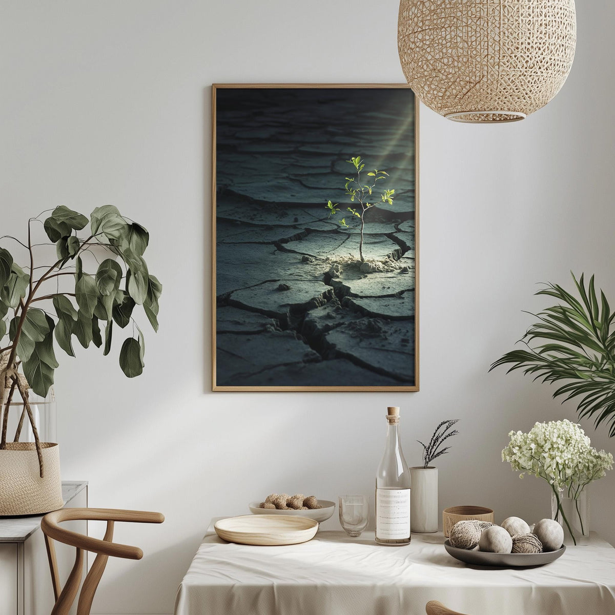 a dining table with a white tablecloth, a bowl of fruit, a bottle, and a vase with flowers. Above the table, there is a framed picture of a plant with a small green sprout emerging from the cracks in the ground.