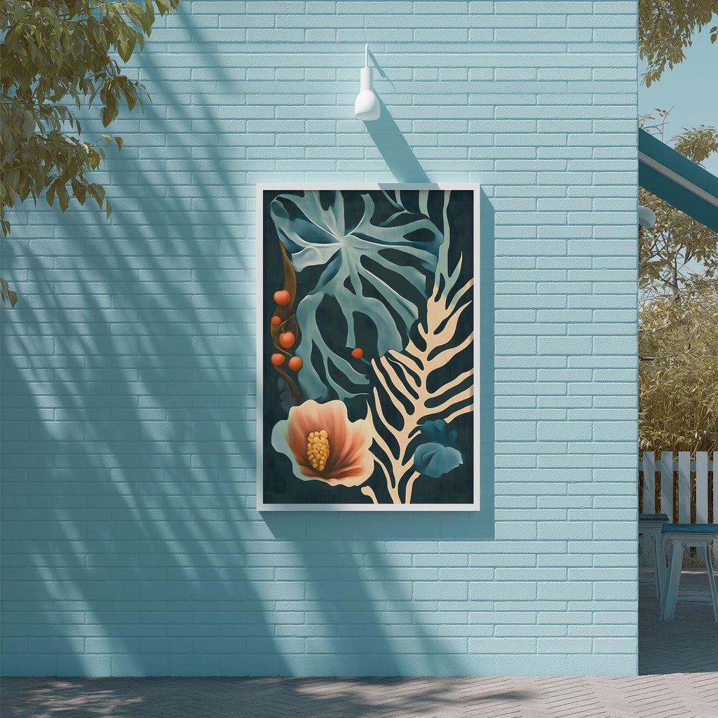 a vibrant painting of tropical plants hanging on a blue wall.