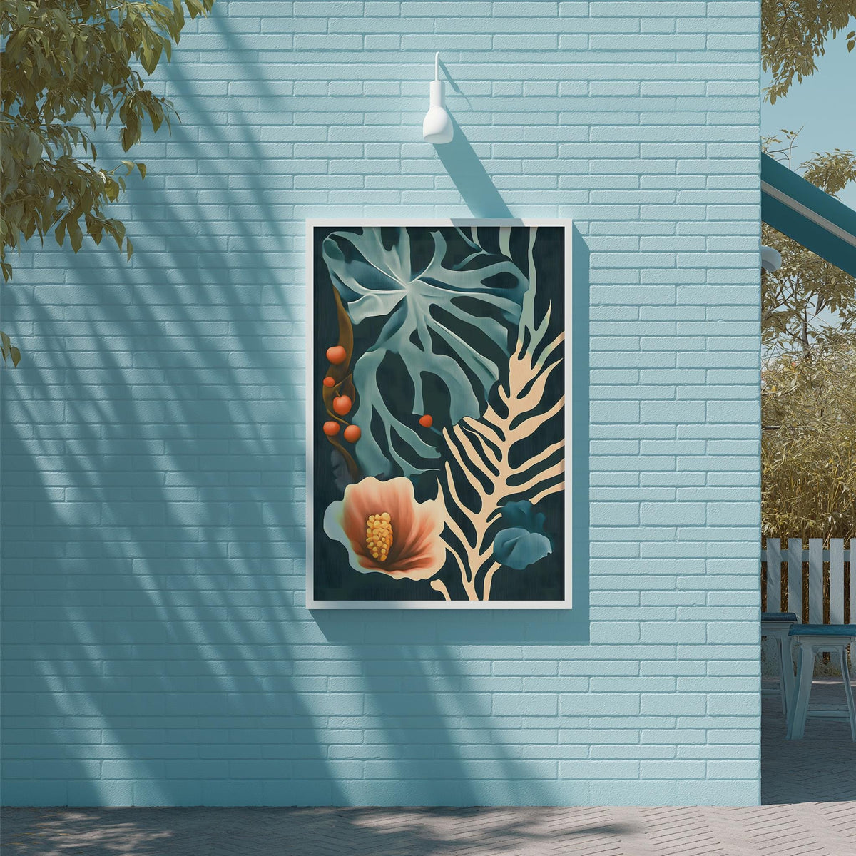 a vibrant painting of tropical plants hanging on a blue wall.
