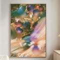 a large, colorful painting of berries hanging on a wall in a living room.