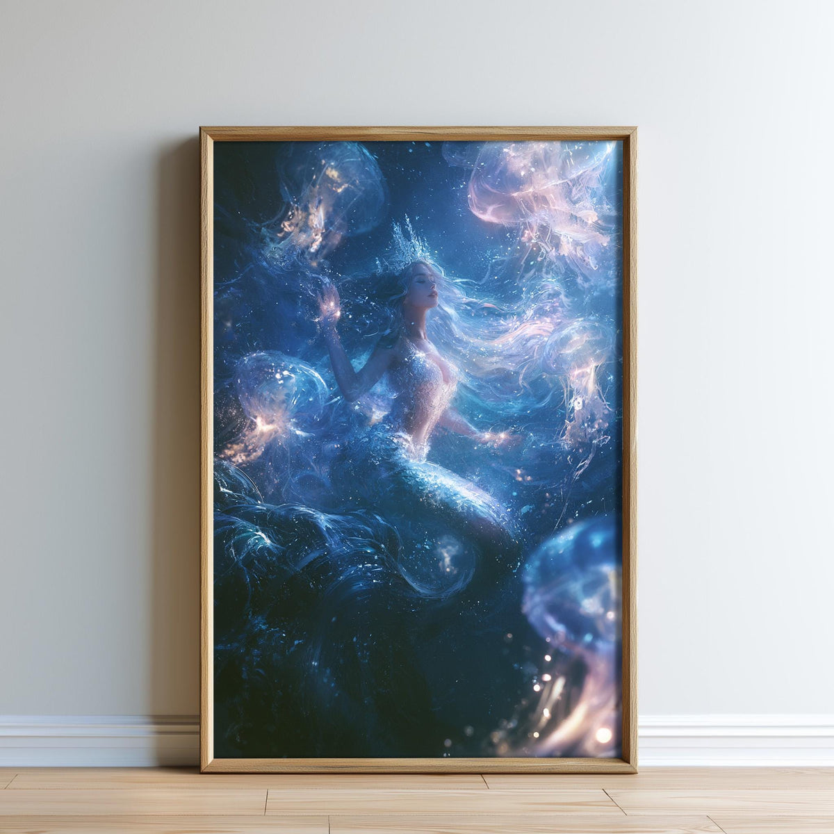 The image is a framed artwork depicting a mermaid surrounded by jellyfish in a fantastical underwater scene.