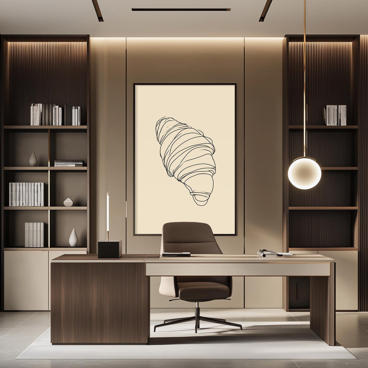 a modern and minimalist office space with a large wooden desk, a comfortable chair, and a framed drawing of a croissant on the wall.